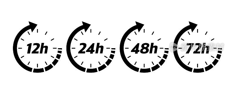 12, 24, 48和72小时的时钟箭头。矢量工作时间效果或交付服务时间图标。矢量图